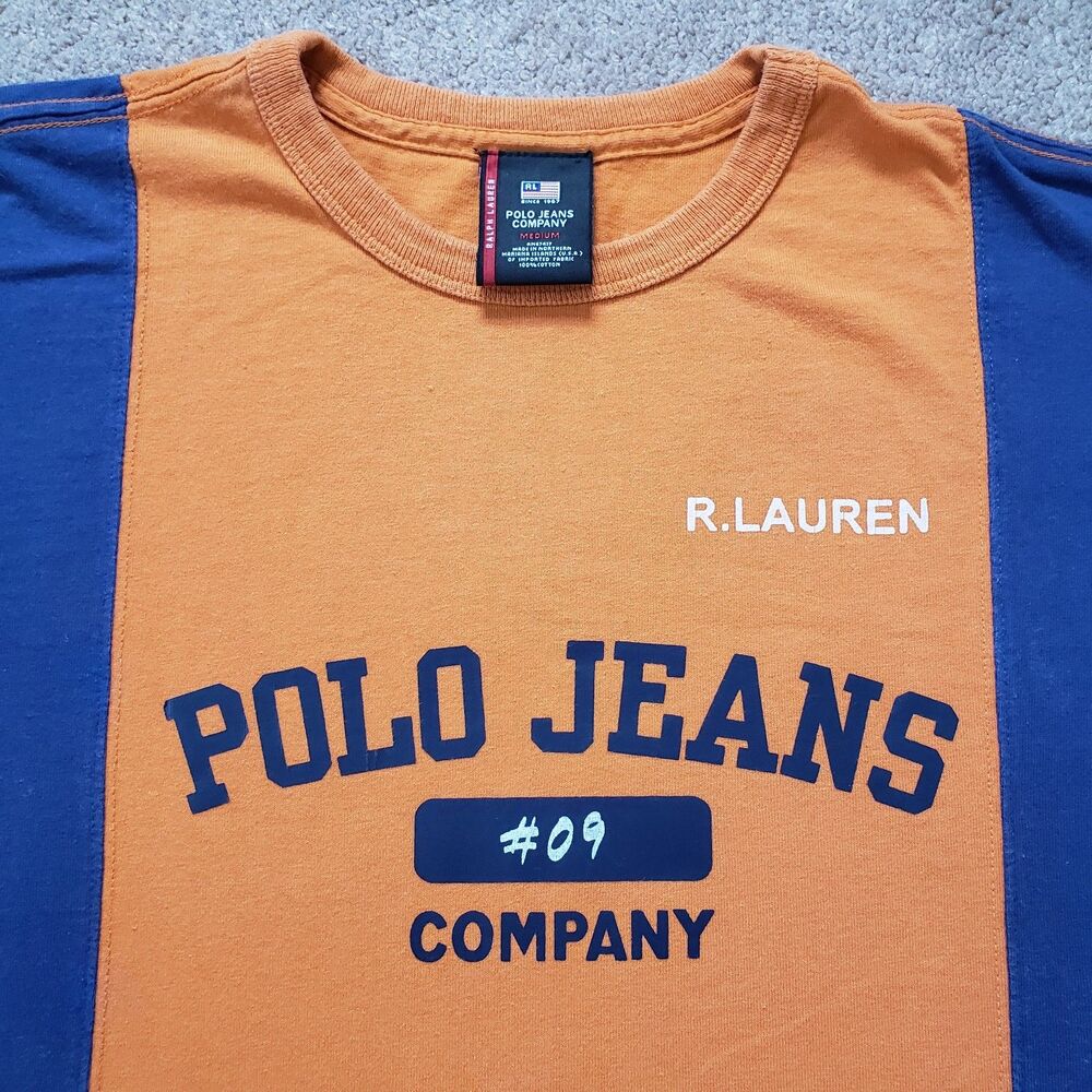 Vintage 90s Polo Jeans Company #09 Sz Medium Mens Colorblock T-Shirt Orange Blue - Picture 2 of 8